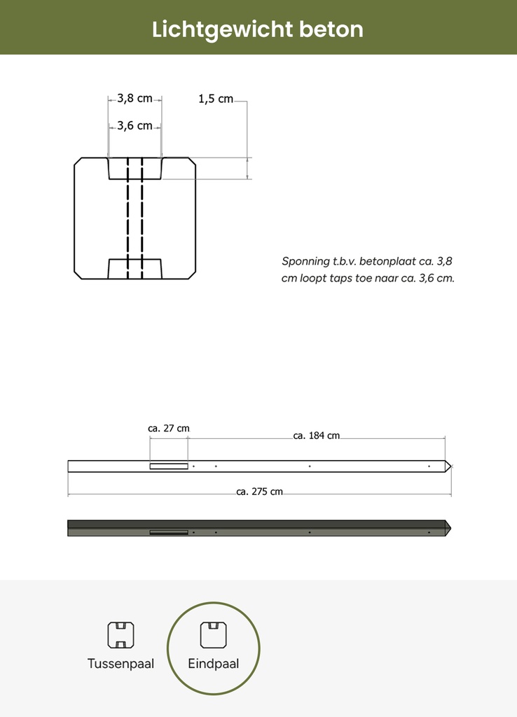 Lichtgewicht betonpaal met diamantkop ongecoat 8,5x8,5x275 cm, eindpaal, grijs.