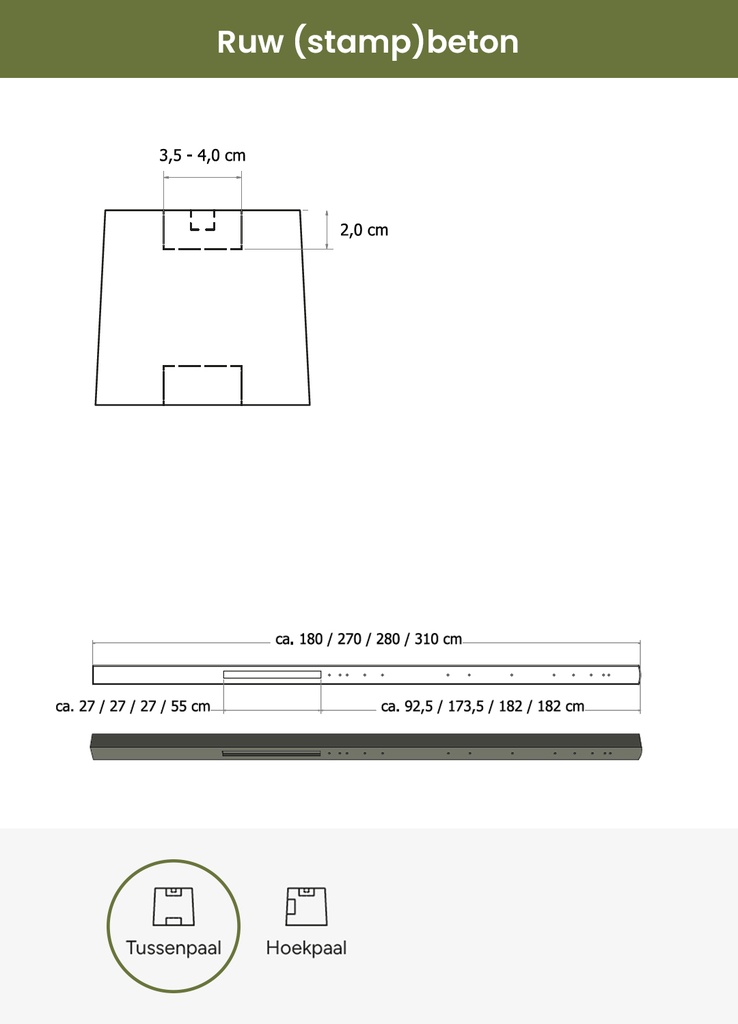 Betonpaal stampbeton 10 x 10 x 310 cm, grijs tussenpaal t.b.v. recht scherm met 2 betonplaten.