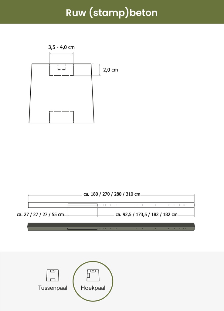 Betonpaal stampbeton 10 x 10 x 280 cm, grijs hoekpaal t.b.v. recht scherm.