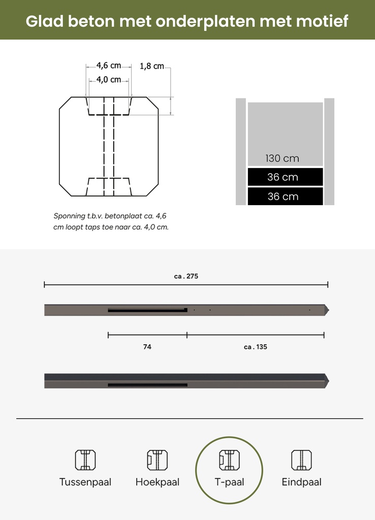 Betonpaal met diamantkop t.b.v. betonplaten met motief 10 x 10 x 275 cm, antraciet zonder coating T-paal.