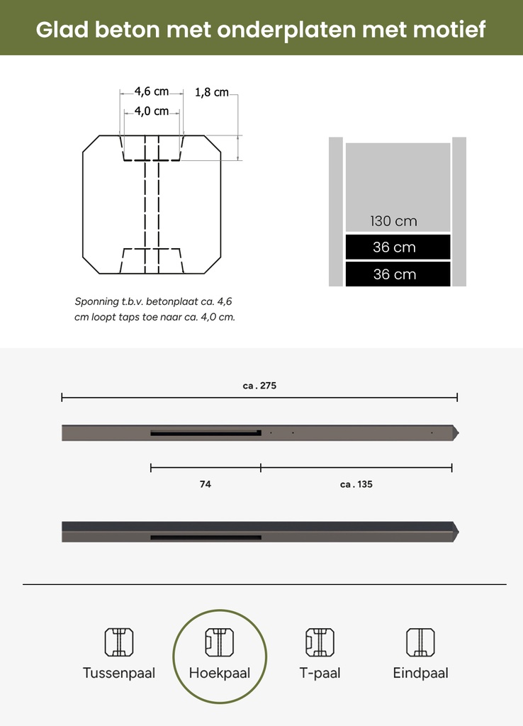 Betonpaal met diamantkop t.b.v. betonplaten met motief 10 x 10 x 275 cm, antraciet gecoat hoekpaal.