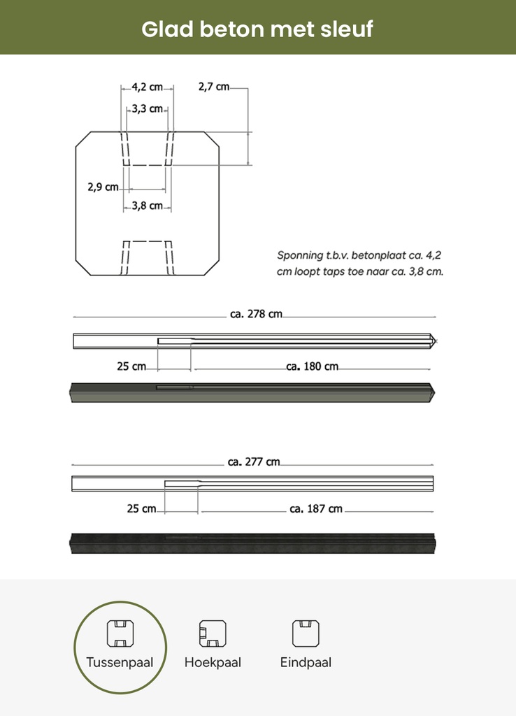Betonpaal met sleuf en platte kop t.b.v. schutting 11,5 x 11,5 x 277 cm, antraciet tussenpaal, gecoat.