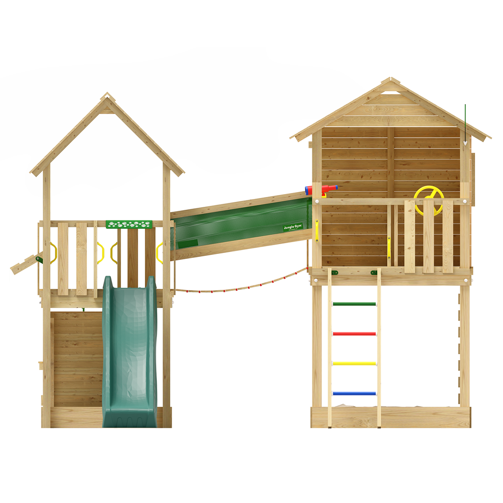 Grenen speeltoestel Farsund met donker groene glijbaan, groen geïmpregneerd.