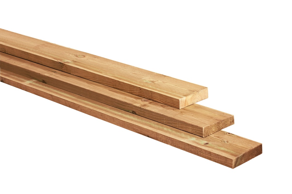 Grenen plank 1 zijde geschaafd, 1 zijde fijnbezaagd, 2,8 x 19,5 x 400 cm, groen geïmpregneerd.