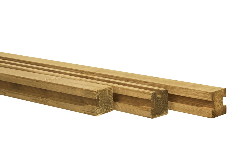 Grenen sleufpaal 8,8 x 8,8 x 270 cm, t.b.v. 28 mm profielplanken, hoekpaal, groen geïmpregneerd.
