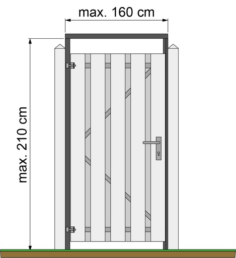 [W08035] Tuindeurkozijn geschaafd naaldhout met aanslaglat, max. 160 cm breed, geïmpregneerd en zwart gedompeld.