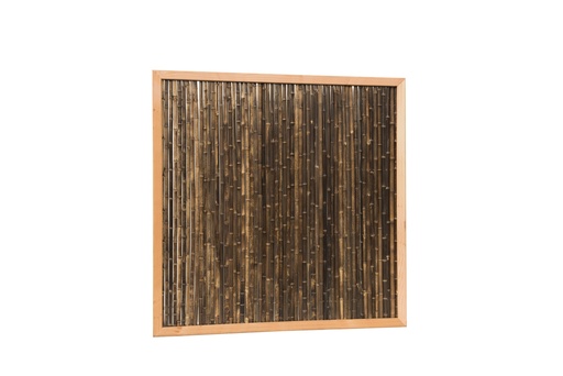 [W17078] Bamboescherm van zwarte bamboestokken in douglas frame, 186 x 186 cm.
