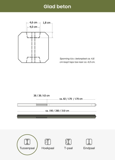 [W13412] Betonpaal glad met diamantkop 10 x 10 x 280 cm, grijs ongecoat, tussenpaal.