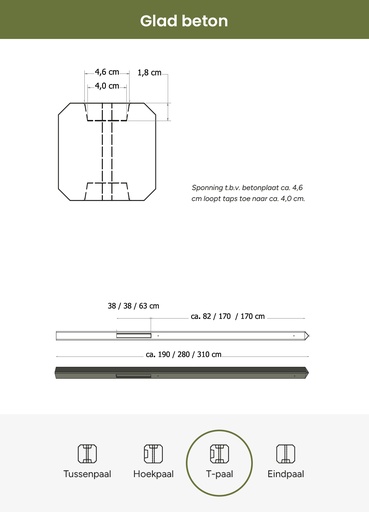 [W32315] Betonpaal glad met diamantkop 10 x 10 x 280 cm, grijs ongecoat, T-paal.