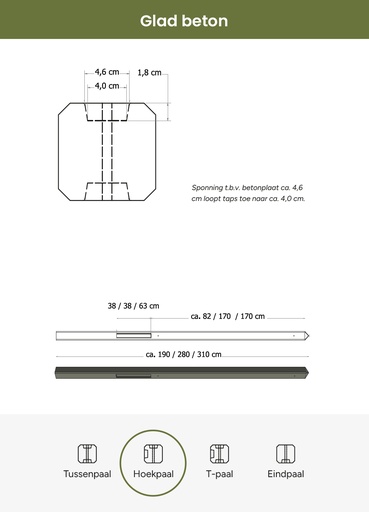 [1022804] Betonpaal glad met diamantkop 10 x 10 x 280 cm, antraciet gecoat, hoekpaal.