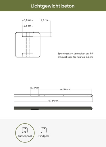 [1022601] Lichtgewicht betonpaal met diamantkop ongecoat 8,5x8,5x275 cm, tussenpaal, grijs.