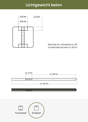 [1022603] Lichtgewicht betonpaal met diamantkop ongecoat 8,5x8,5x275 cm, eindpaal, grijs.
