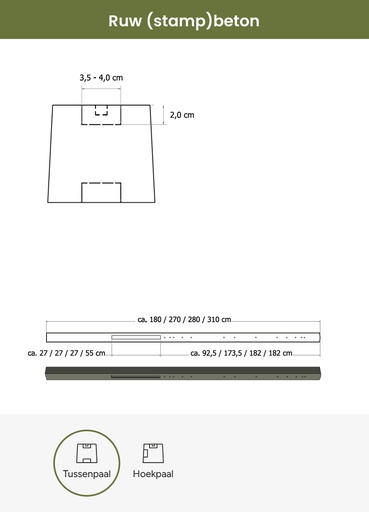 [W13013] Betonpaal stampbeton 10 x 10 x 310 cm, grijs tussenpaal t.b.v. recht scherm met 2 betonplaten.