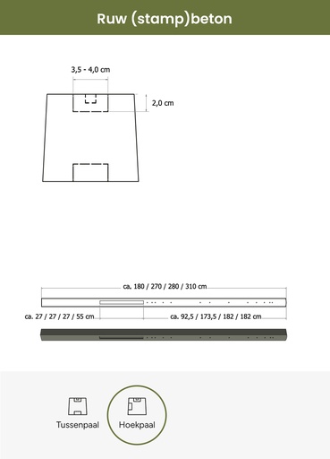 [W13023] Betonpaal stampbeton 10 x 10 x 280 cm, grijs hoekpaal t.b.v. recht scherm.