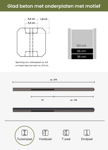 [W32200] Betonpaal met diamantkop t.b.v. betonplaten met motief 10 x 10 x 275 cm, antraciet gecoat tussenpaal.