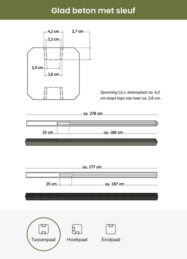 [W32100] Betonpaal met sleuf en platte kop t.b.v. schutting 11,5 x 11,5 x 277 cm, antraciet tussenpaal, gecoat.