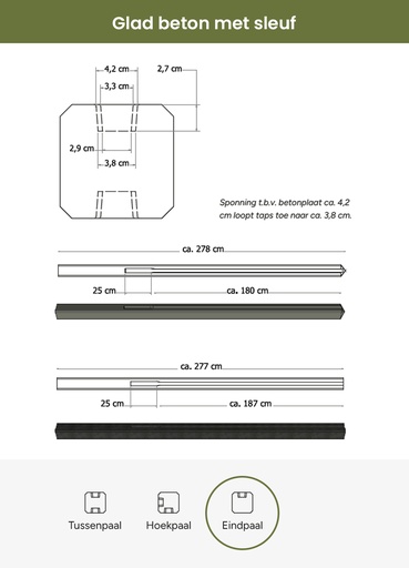 [W32115] Betonpaal met sleuf en platte kop t.b.v. schutting 11,5 x 11,5 x 277 cm, antraciet eindpaal, gecoat.