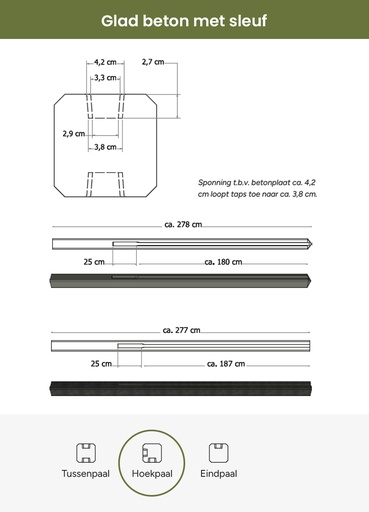[W32105] Betonpaal met sleuf en platte kop t.b.v. schutting 11,5 x 11,5 x 277 cm, antraciet hoekpaal, gecoat.