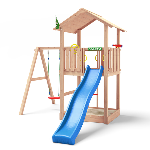 [1060281] Douglas speeltoestel Kopervik met XXL blauwe glijbaan.