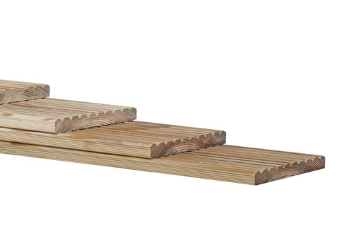 [W06518] Grenen enkelzijdig geprofileerd dekdeel, 2,8 x 14,5 x 500 cm, groen geïmpregneerd.