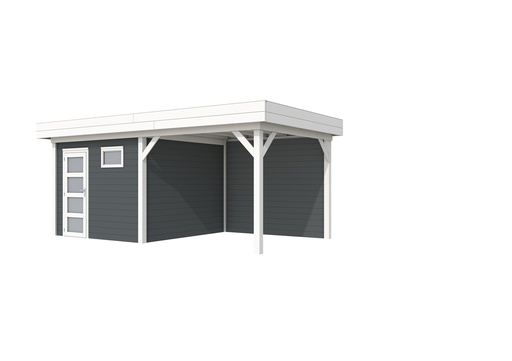 [1001812-24] Vuren Topvision Tapuit, 300 x 300 en luifel 300 cm, wanden antraciet en basis wit.