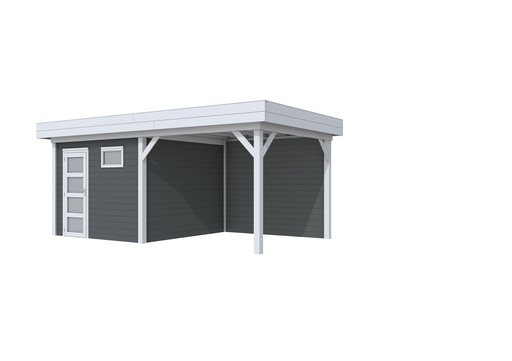 [1001812-25] Vuren Topvision Tapuit, 300 x 300 en luifel 300 cm, wanden antraciet en basis lichtgrijs.