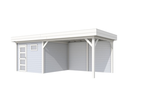 [1001815-22] Vuren Topvision Tapuit, 300 x 300 en luifel 400 cm, wanden lichtgrijs en basis wit.
