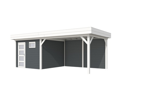 [1001815-24] Vuren Topvision Tapuit, 300 x 300 en luifel 400 cm, wanden antraciet en basis wit.