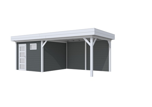 [1001815-25] Vuren Topvision Tapuit, 300 x 300 en luifel 400 cm, wanden antraciet en basis lichtgrijs.