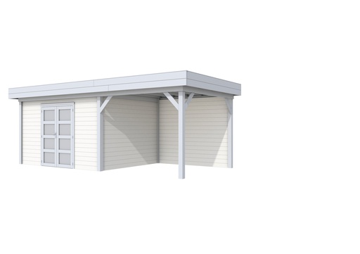 [1001680-20] Vuren Topvision Parelhoen, 400 x 300 en luifel 300 cm, wanden wit en basis lichtgrijs.