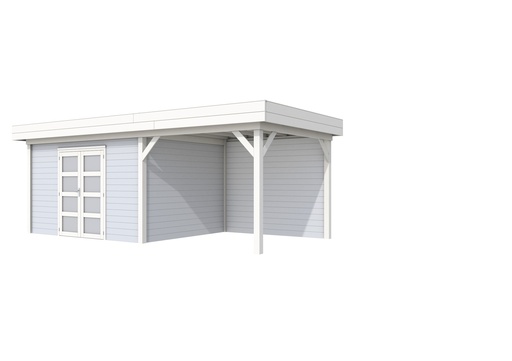 [1001680-22] Vuren Topvision Parelhoen, 400 x 300 en luifel 300 cm, wanden lichtgrijs en basis wit.