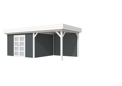 [1001680-24] Vuren Topvision Parelhoen, 400 x 300 en luifel 300 cm, wanden antraciet en basis wit.