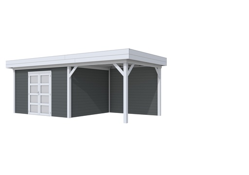 [1001680-25] Vuren Topvision Parelhoen, 400 x 300 en luifel 300 cm, wanden antraciet en basis lichtgrijs.