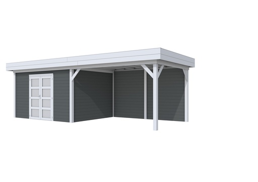 [1001683-25] Vuren Topvision Parelhoen, 400 x 300 en luifel 400 cm, wanden antraciet en basis lichtgrijs.