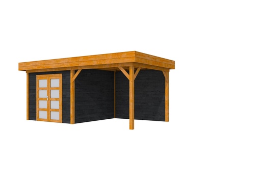 [1004360-27] Douglas Topvision Roek, 298 x 298 en luifel 300 cm, wanden zwart geïmpregneerd en basis transparant gespoten.