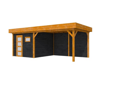 [1004370-27] Douglas Topvision Raaf, 298 x 298 en luifel 400 cm, wanden zwart geïmpregneerd en basis transparant gespoten.