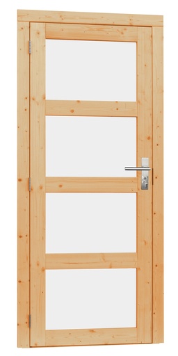 [1023901] Vuren enkele 4-ruits deur inclusief kozijn, linksdraaiend, 90 x 201 cm, onbehandeld.