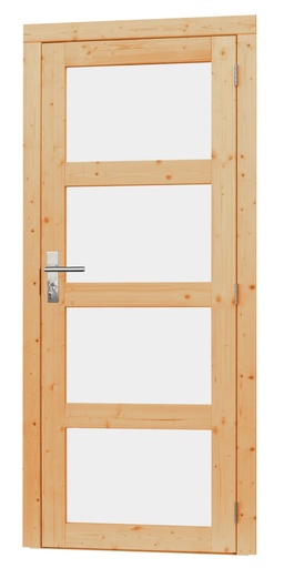 [1023902] Vuren enkele 4-ruits deur inclusief kozijn, rechtsdraaiend, 90 x 201 cm, onbehandeld.