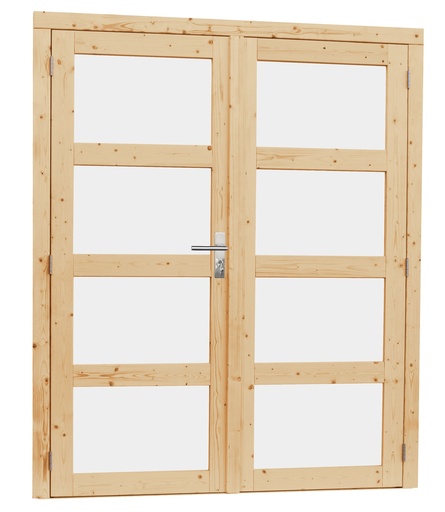 [1023899] Vuren dubbele 4-ruits deur inclusief kozijn, 168 x 201 cm, onbehandeld.