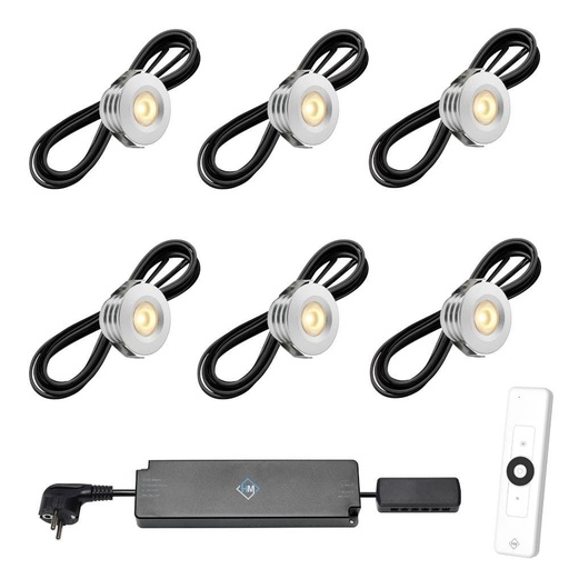 [1041604] Set spots aluminium, 6 stuks. Inclusief trafo, afstandsbediening en kabel van 5 meter.