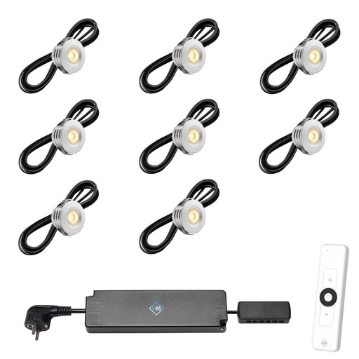 [1041605] Set spots aluminium, 8 stuks. Inclusief trafo, afstandsbediening en kabel van 5 meter.