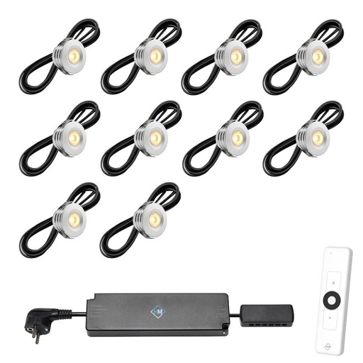 [1041606] Set spots aluminium, 10 stuks. Inclusief trafo, afstandsbediening en kabel van 5 meter.