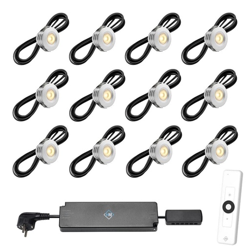 [1041607] Set spots aluminium, 12 stuks. Inclusief trafo, afstandsbediening en kabel van 5 meter.