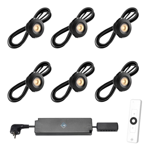 [1041600] Set spots zwart, 6 stuks. Inclusief trafo, afstandsbediening en kabel van 5 meter.