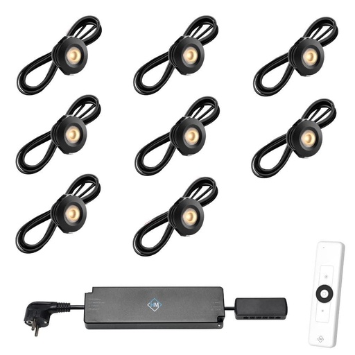 [1041601] Set spots zwart, 8 stuks. Inclusief trafo, afstandsbediening en kabel van 5 meter.