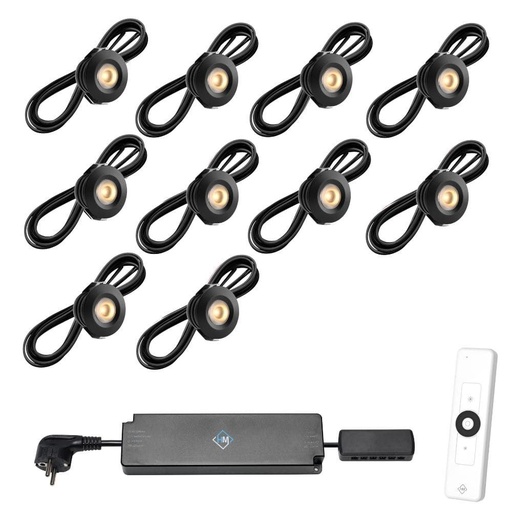 [1041602] Set spots zwart, 10 stuks. Inclusief trafo, afstandsbediening en kabel van 5 meter.