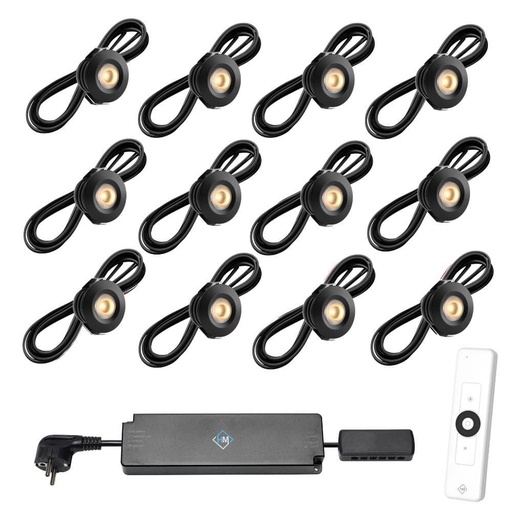 [1041603] Set spots zwart, 12 stuks. Inclusief trafo, afstandsbediening en kabel van 5 meter.