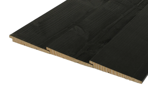 Zweeds rabat, zwart gespoten, 2.5 x 20.0 cm (18.5 cm werkend) N.E. vuren, fijnbezaagd/achterzijde geschaafd