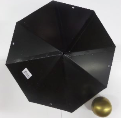 [THK-03] Achthoek met messing bol (�80mm) en schroef, 495x495mm, Diagonaal kap: 495mm, Lengte zijde: 190mm, Hoogte: 115mm, Dikte: 1mm,